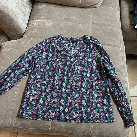 Talbots Blue Relaxed Blouse with Mandarin Collar and Cuffed Sleeves - Picture 7 of 7